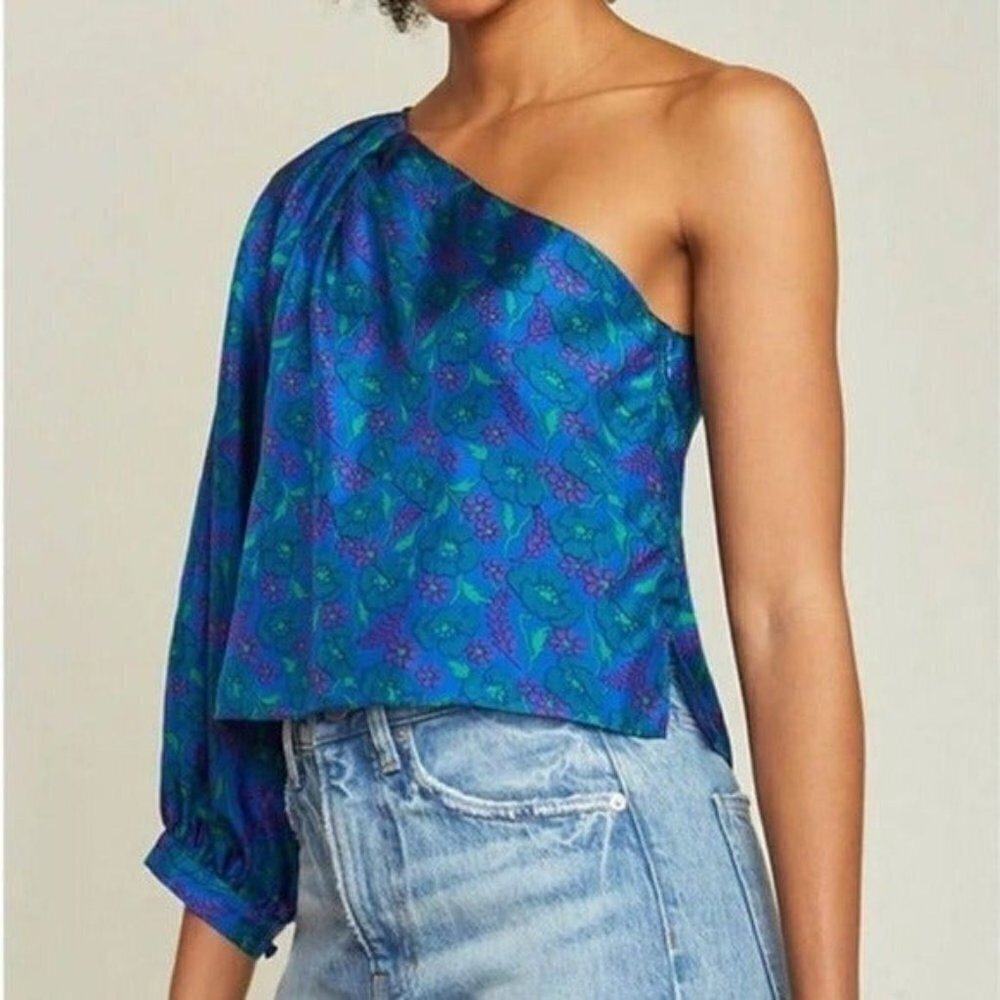 VERONICA BEARD Lyric One Shoulder Silk Blouse Floral Cobalt Multi NEW